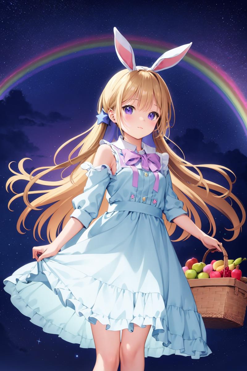 01827-3672896442-1girl, solo, best quality, Cute anime illustration, Alice dress on girl, Big floating fruit basket, Rabbit, Various fruits, Purp.png